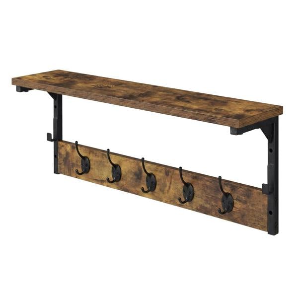 Levede Coat Rack Wall Mounted Shelf 7 Hooks Heavy Duty Entryway Storage Brown