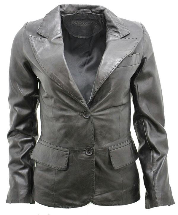 Womens 2 Button Leather Blazer Jacket-Newport - Upperclass Fashions 