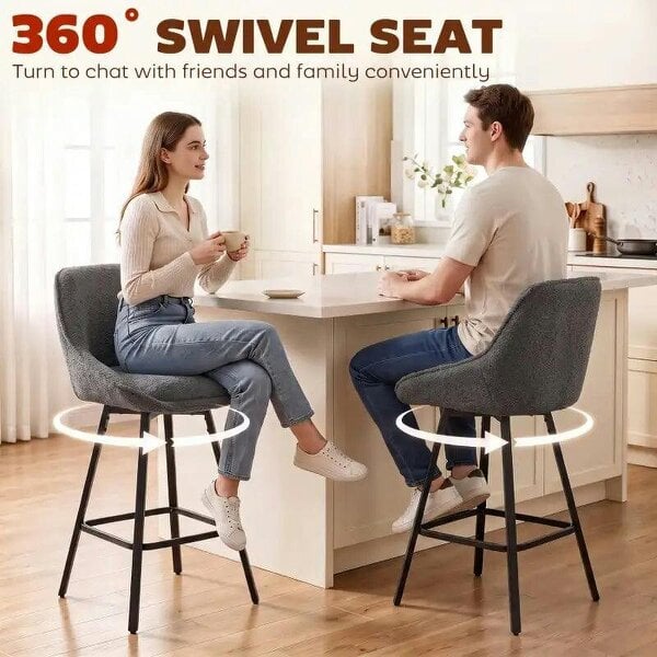 Bobobiy Bar Stools Set of 2, 64 cm Modern Linen-Touch Fabric 360° Swivel Counter Height Bar Chairs, Dark Grey