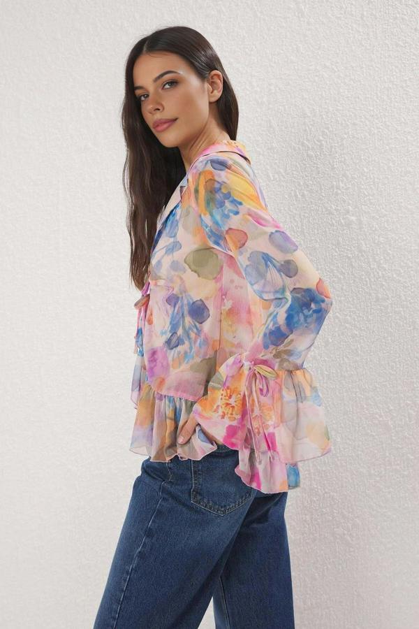 WOVCOR Tie-up Woven Shirt with Ruffle Detail on Front and Sleeves
