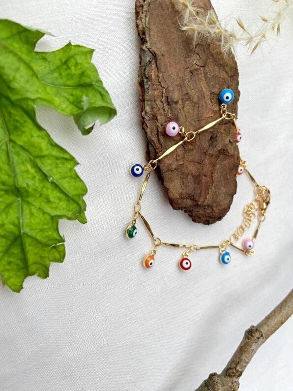 The Colourful Aura Silver Plated Dainty Evil Eye Protection Charm Beaded Dangly Adjustable Bracelet