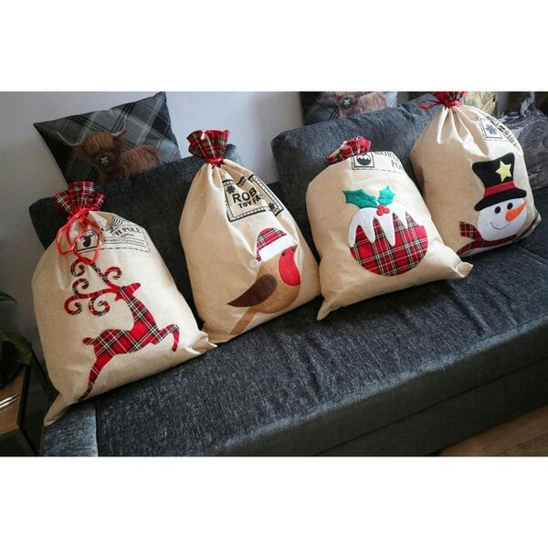 Shatchi 50cm Christmas Santa Sack Set of 4 with Snowman, Reindeer, Robin and Pudding Designs