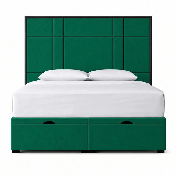 Great British Beds Alice Headboard with Contrast Border Divan Ottoman Bed - Green Plush