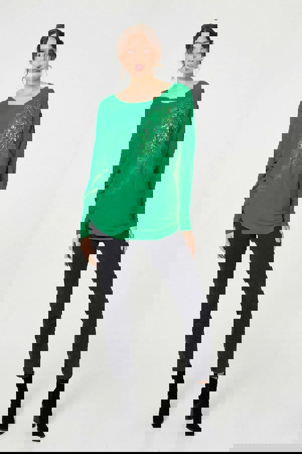 Green | Diamante Embroidered Long Sleeve Top
