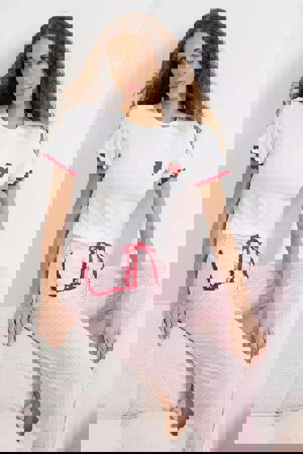 WOVCOR 2-Piece Plaid Heart Stripe Detail Knitted Pajama Set