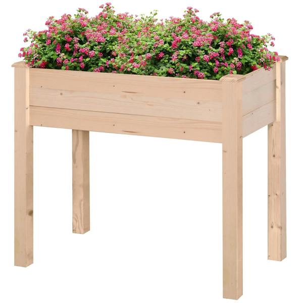 Rectangular wooden raised garden planter with pink flowers on top