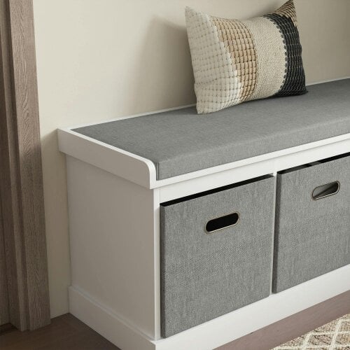 Wyld Haus Elfila Wooden White 3 Drawer Shoe Storage Bench With Grey Padded Seat