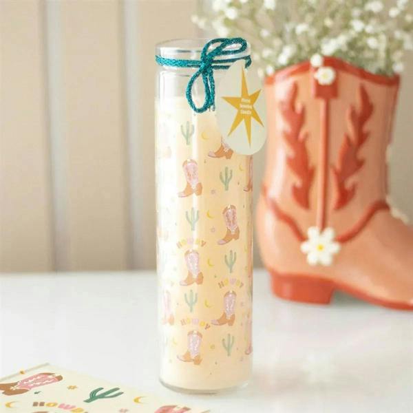 Western cowboy boot cactus print tube candle with teal bow