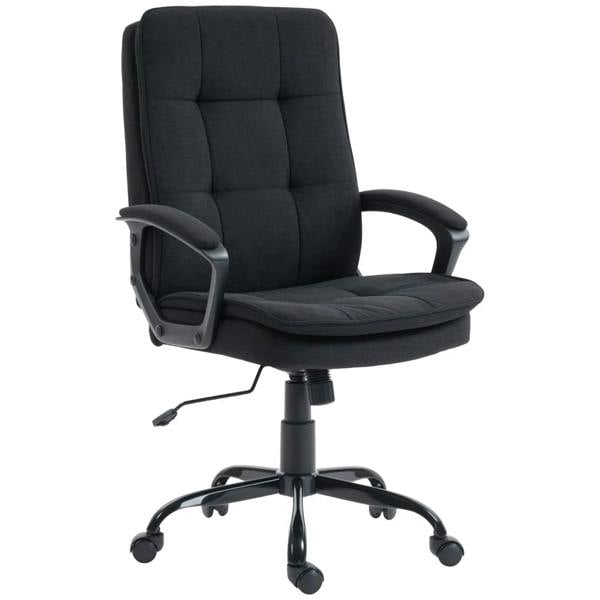 Black linen-look office chair with double padded seat and backrest, armrests, wheeled base