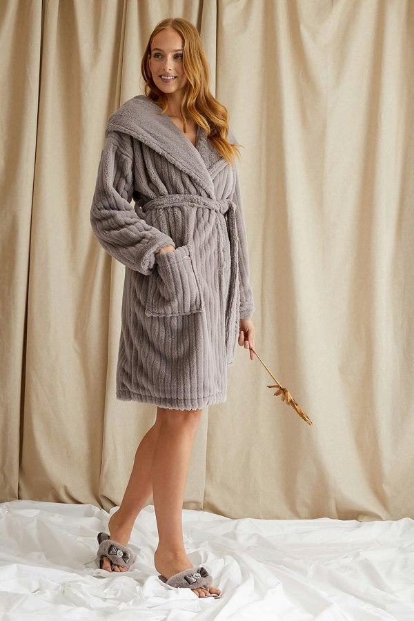 Women's Cloud Robe Dressing Gown in Mink with oversized hood from Pretty You London