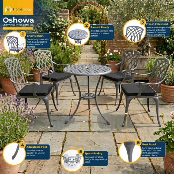 Homeology OSHOWA Luxurious Garden and Patio Table and 4 Large Chairs with Armrests Cast Aluminium Bistro Set - Grey with Black Cushions
