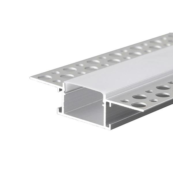 A silver recessed plasterboard trimless aluminium LED profile with flange, designed for drywall installation.
