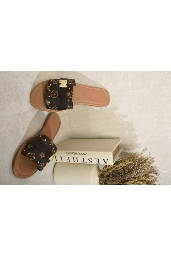 Jenny Open Toe Printed Flat Sandals - Brown
