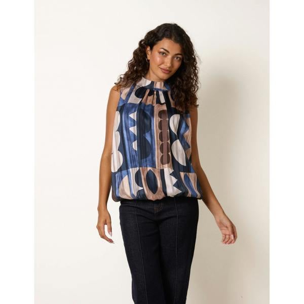 Blue Vanilla High Neck Sleeveless Geometric Blouse