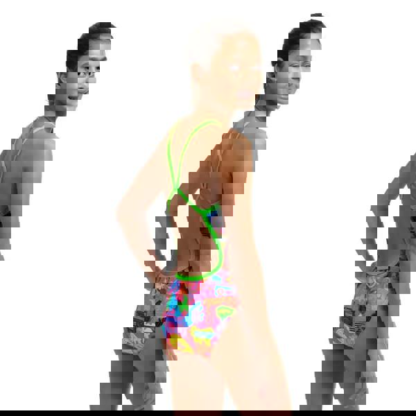 Funkita Girls Lotsa Pop single strap swimsuit in pink multi with neon green floral accents