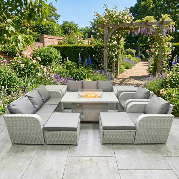 Fimous Rattan High Back Lounge Patio Set with Fire Pit Dining Table, 2 Reclining Chairs, 2 Sofas, 2 Footstools, & 2 Side Tables - Light Grey