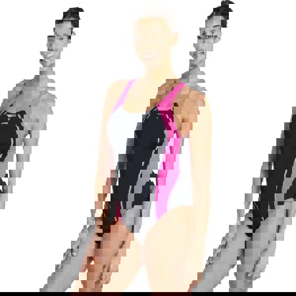 Zoggs Eaton Flyback swimsuit in black, pink and white