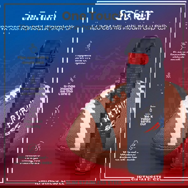 A water bottle, featuring a flip top that opens one-handedly, rests beside an American football. The bottle is dark-colored with "PATRIOT" and repeated "New England" text, indicating a sports-themed design.