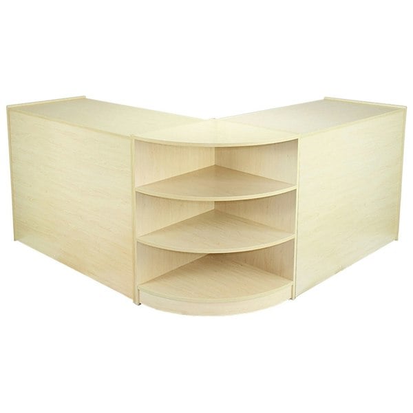 Venus Maple Shop Counter & Retail Display Set in light maple finish features a modern design with curved shelves for optimal product visibility