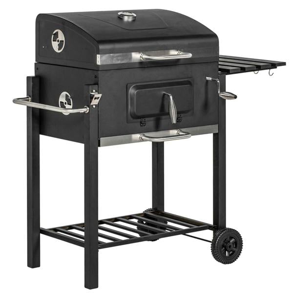 Black charcoal grill with height-adjustable coal pan and front swing door