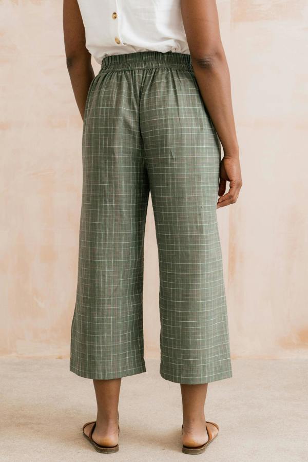 Lily & Me Greta Checked Cotton Cropped Trousers Green