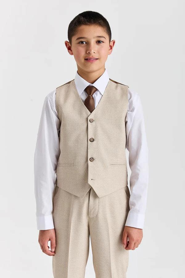 Paul Andrew Belmont - Boys Beige Classic Stitch Lapel 3 Piece Suit