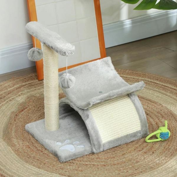 Grey cat tree with sisal post, curved tunnel perch, paw-print base, and hanging ball toy