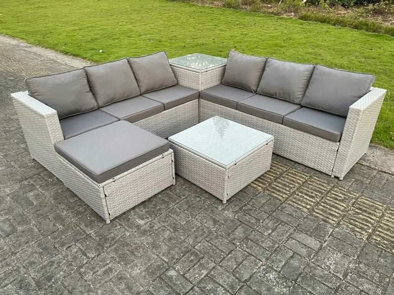 Fimous 7 Seater PE Wicker Light Grey Rattan Garden Corner Furniture Sofa Sets Outdoor Patio Furniture Big Footstool Coffee Table
