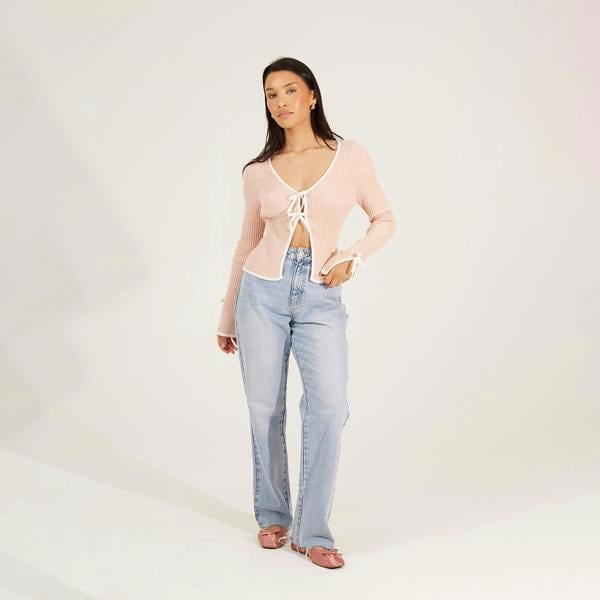 Brave Soul Pale Pink Ribbed Knitted Cardigan with Bow Fastening - Pale Pink Image 3