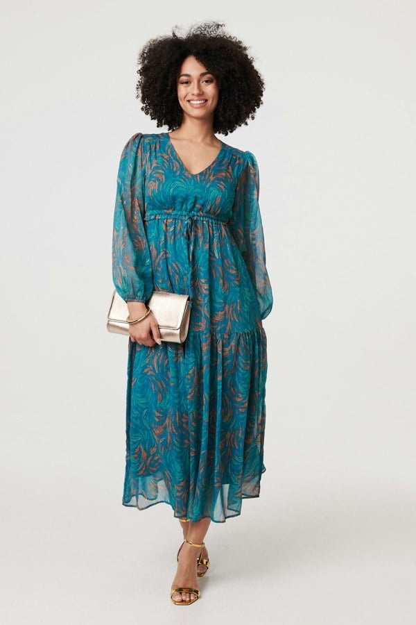 Teal | Leaf Print Sheer Tie Waist Maxi Dress
