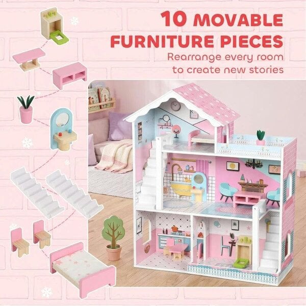 Wooden Dolls House, Large 3-Storey Modern Dollhouse with 10 Accessories, Pretend Play Toy Gift for Ages 3-6 Years, Pink