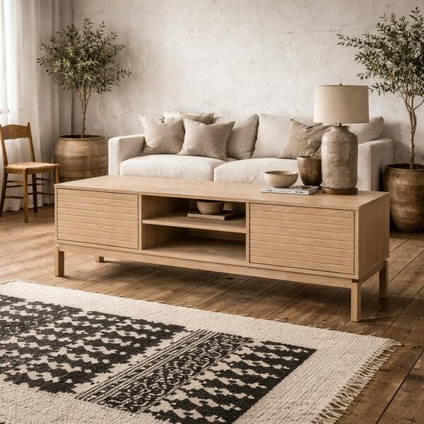 Wyld Haus Nakskov White Oak Wood Panelled 2 Door TV Unit