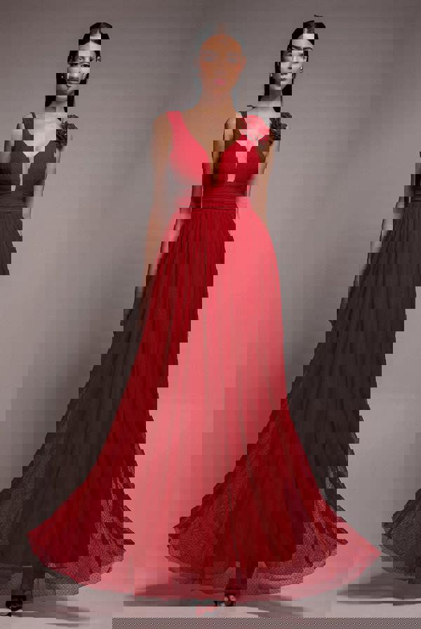 Sleeveless Pleated Dobby Mesh Corsage Maxi Dress - Red DR4294