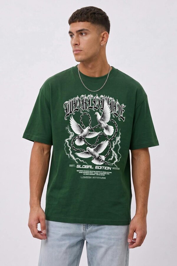 London Attitude Worldwide Global Edition Oversized Heavyweight Graphic T-Shirt - Forest green
