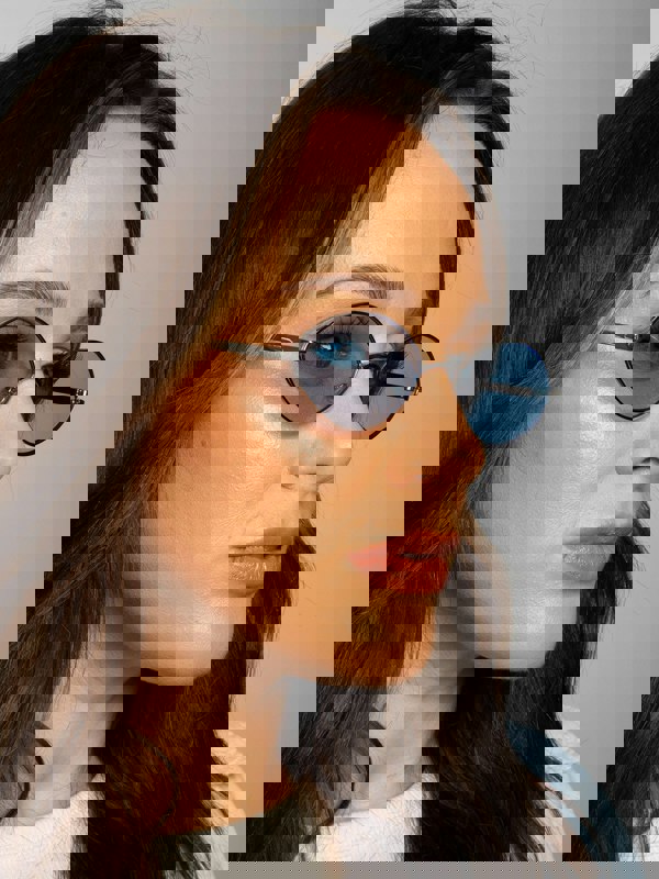 SVNX Metal Oval Frame Sunglasses with Blue Lenses