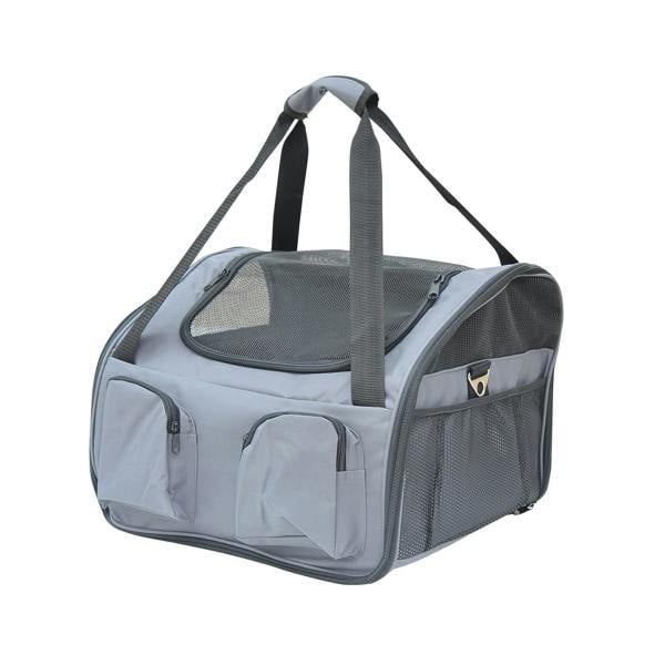 Grey pet carrier folding bag with mesh sides, top handle, and zip front doors