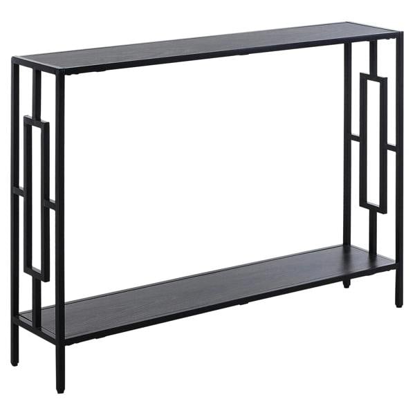 Grey narrow console table with black metal frame and lower storage shelf