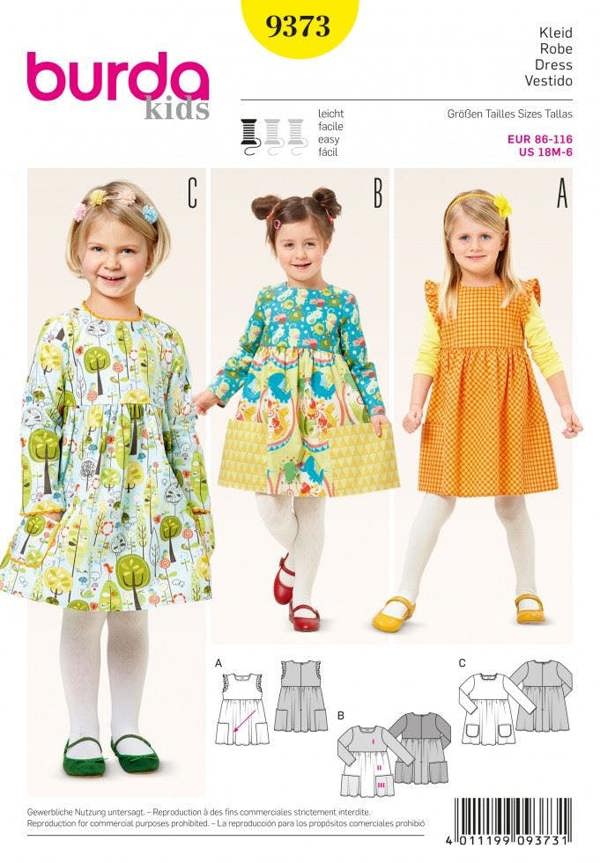 Burda Sewing Pattern 9373 Dresses For Kids, 18 Months - 6 Years - Easy