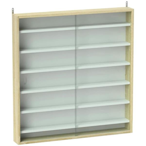 Oak wall display cabinet with glass doors and 7 tiers of adjustable shelves