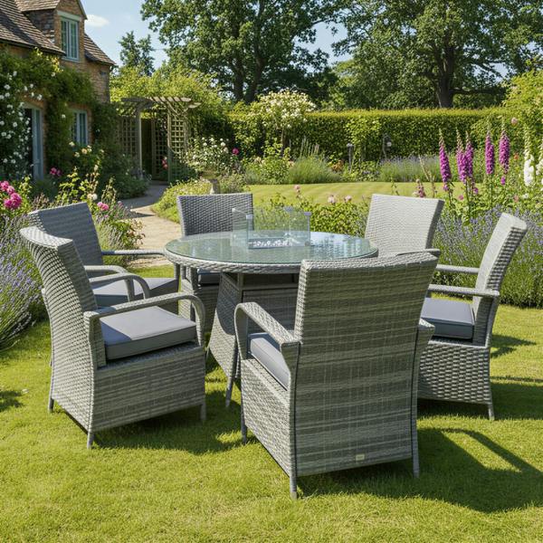 windsor xl rattan 6 seat firepit dining set in mixed grey