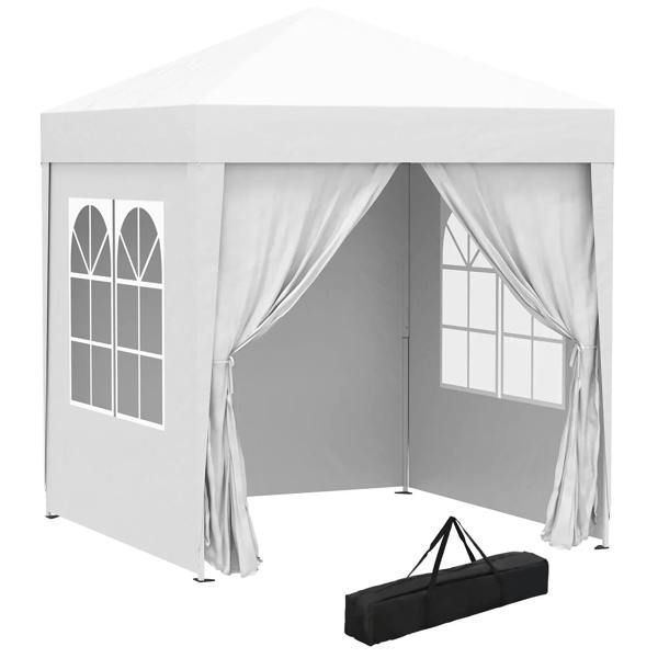 White pop-up gazebo tent with sidewalls and arched window panels