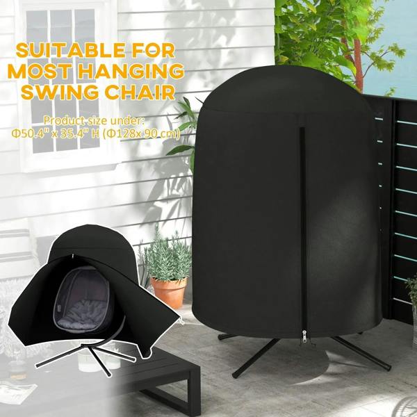 Black egg chair furniture cover with arched top and zip front, bottom ties visible