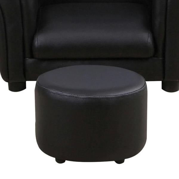 Black kids armchair with round footstool under seat