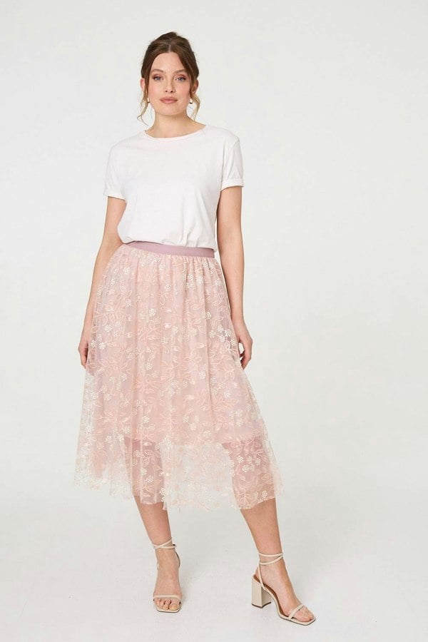 Pink | Floral Mesh Layered Midi Skirt : Model is 5'9"/175 cm and wears UK8/EU36/US4/AUS8
