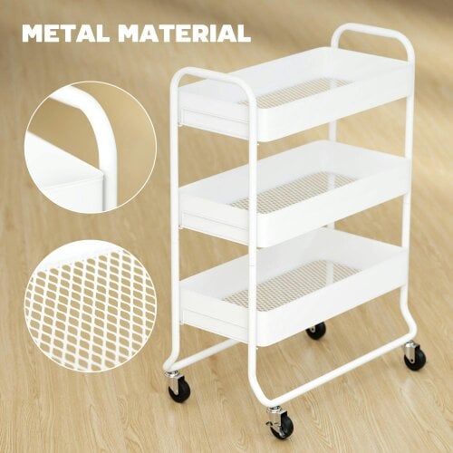 Wyld Haus Saseta Sosa Metal White 3 Tier Rolling Utility Trolley With Mesh Baskets