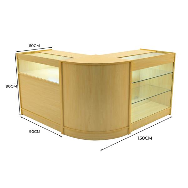 Triton LED Shop Counter Set in maple finish, featuring a curved design, glass display shelves, and integrated lighting for visibility