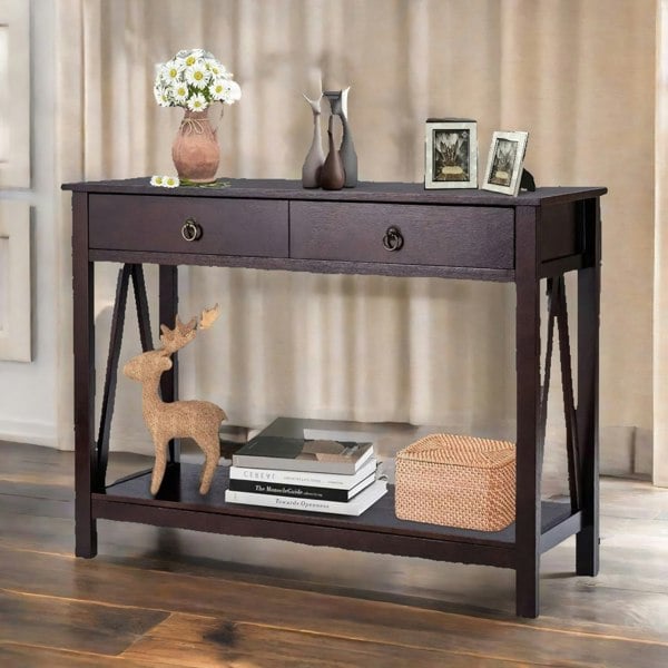 Rafaelo Mobilia Industrial Narrow Console Table With 2 Drawers Walnut Brown