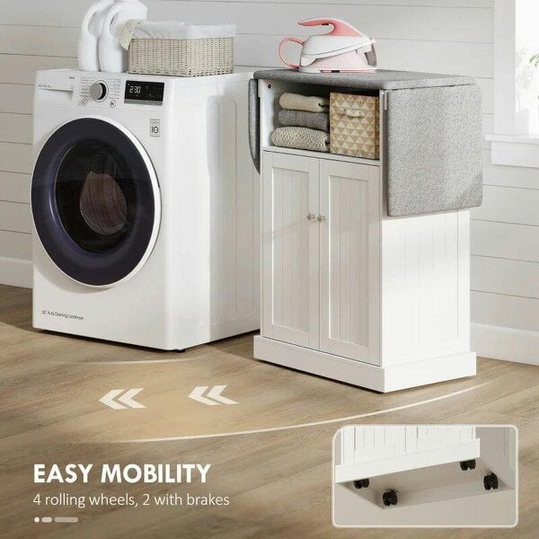 Ironing Board Cabinet on Wheels with Foldable Top, Mobile Storage Cabinet with Ironing Board, Open Compartment, White
