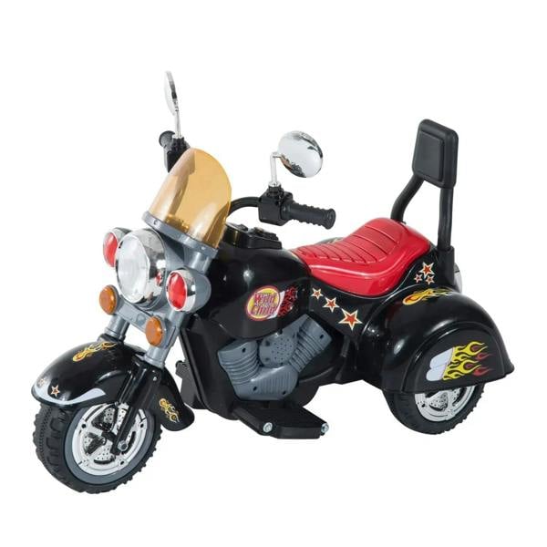 Black ride-on motorbike trike with red padded seat, clear windshield, chrome headlamps