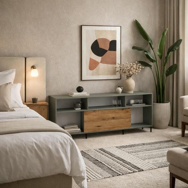 Wyld Haus Spentrup Olive Green and Natural Oak Wood Tall TV Cabinet 1 Door